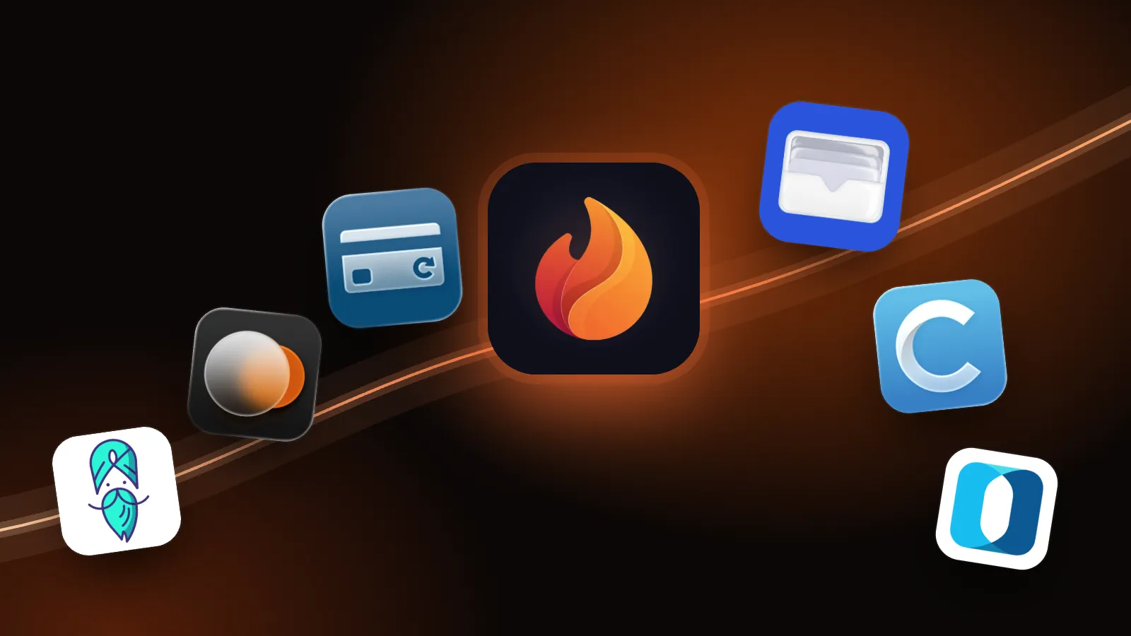 Burn leuchtet in der Mitte einer ansteigenden Linie, dazu die App-Symbole von ReSubs, Subscriptions, Subo, Contract, Finanzguru und Outbank auf dunklem Glut-Hintergrund.