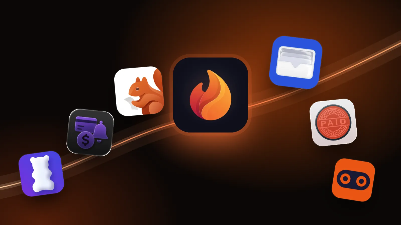 App icons of Burn, Bobby, ReSubs, Subby, Chronicle, Emma and Snoop in a row on a dark ember background, with Burn lit up.