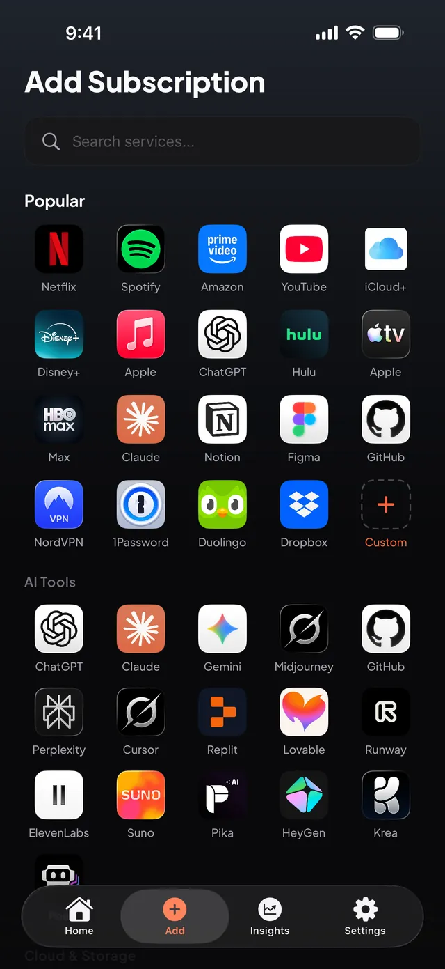 Burn's Add Subscription screen with a search field and a grid of popular services.