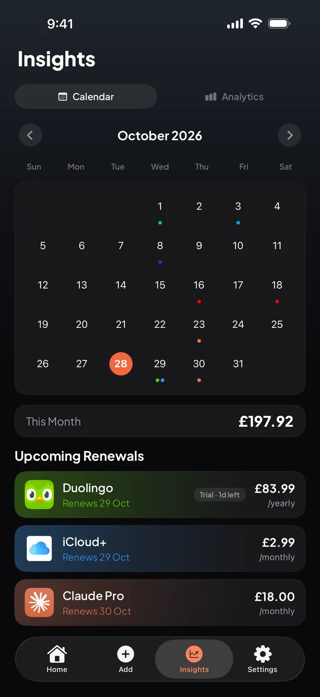 Burn's renewal calendar for October 2026 with today marked, this month's total of £197.92 and Upcoming Renewals for Duolingo, iCloud+ and Claude Pro.