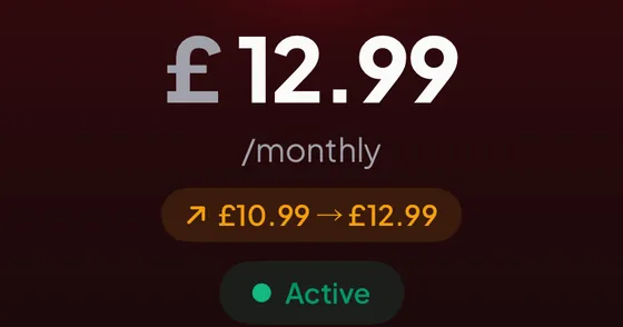 Netflix £12.99 a month, with a badge showing the rise from £10.99 to £12.99.